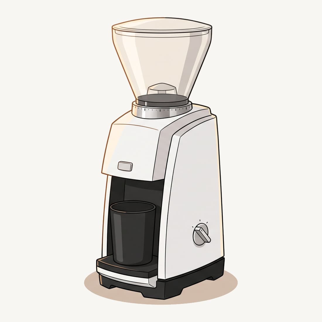 Our drawing of the Baratza Encore ESP in white, three-quarter view from the front right