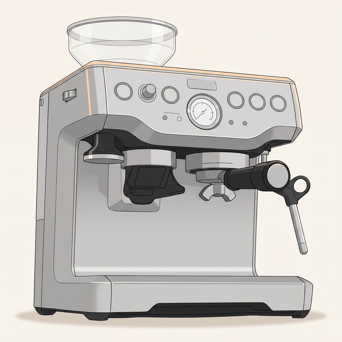 Our drawing of the Breville Barista Express, three-quarter view from the front right
