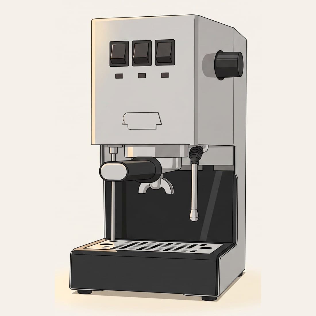Our drawing of the Gaggia Classic E24 (model code RI9380), three-quarter view from the front right