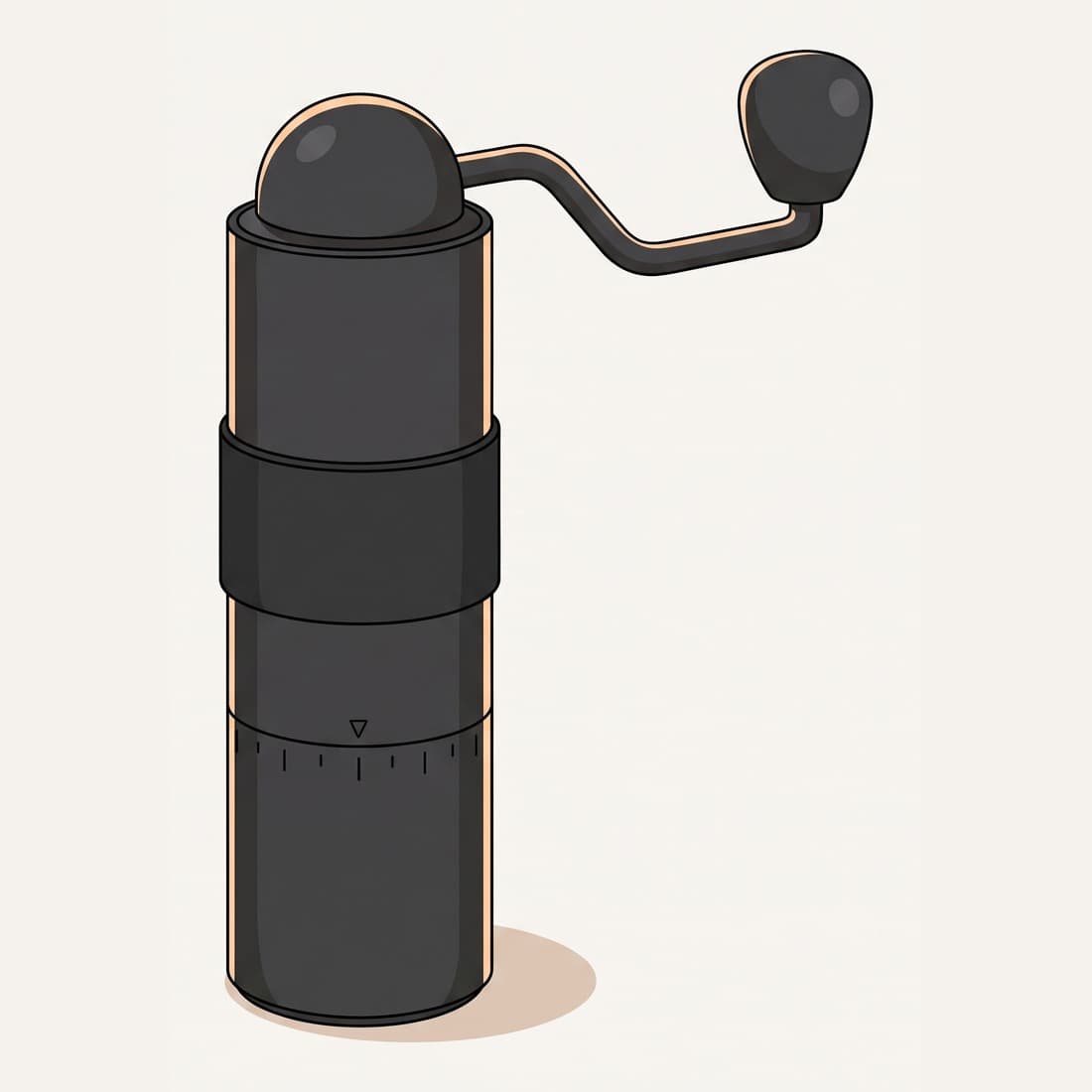 Our drawing of the Normcore Manual Coffee Grinder V3, standing upright with its crank arm extended, three-quarter view from the front right