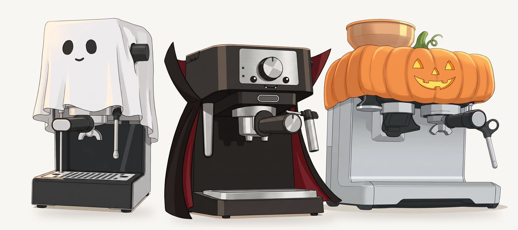 Our drawing of three espresso machines in Halloween costumes, side by side: one under a white ghost sheet with two round eyes and a smile, one in a black vampire cape with a red lining and tiny fangs, and one wearing a carved orange pumpkin with a glowing face.